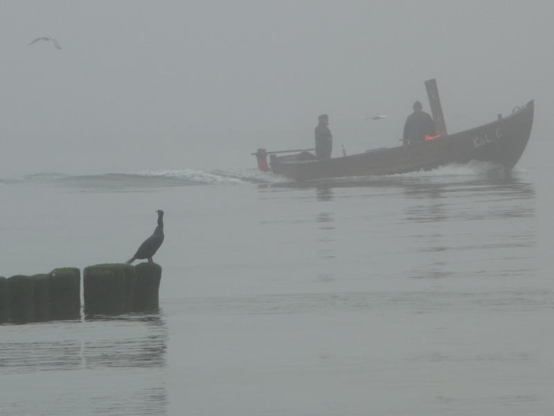 Fischerboot im Nebel eines Novembertages: Usedom im Herbst.